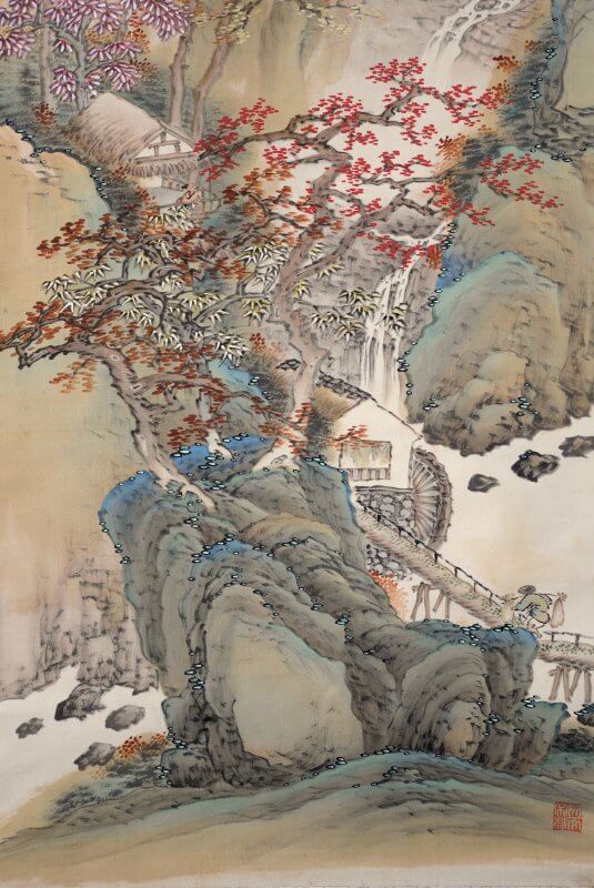 秋景水車図